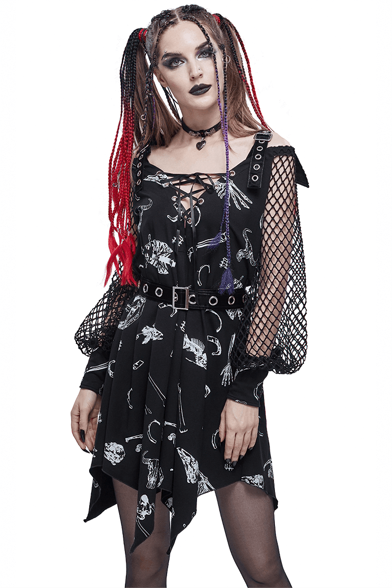 Women's Asymmetrical Dress with Buckle Straps on Shoulders / Gothic Dress with Mesh Lantern Sleeves - HARD'N'HEAVY