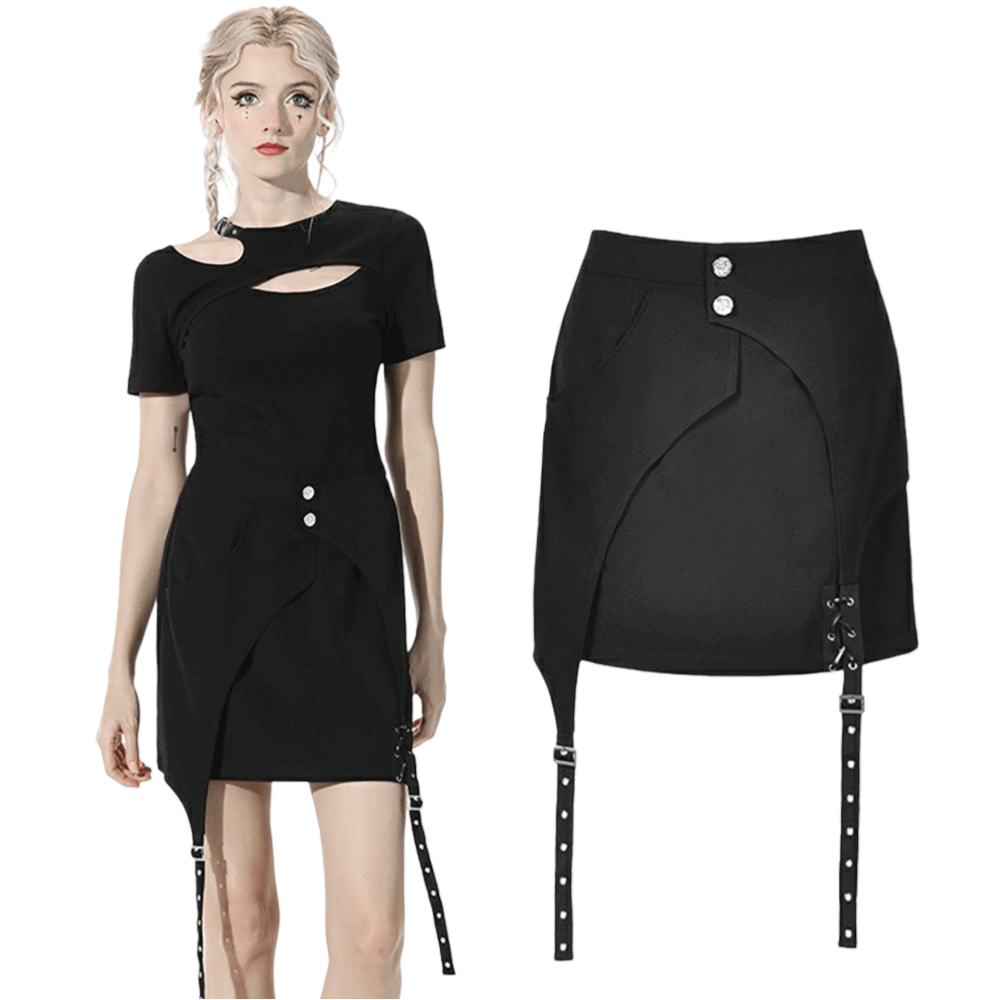 Black asymmetrical mini skirt with button details and straps, perfect for a punk rock look.
