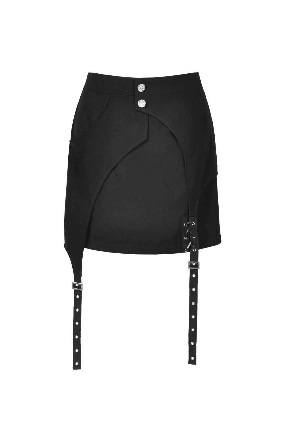 Women's black asymmetrical mini skirt with buttons and straps, perfect for a punk rock look.