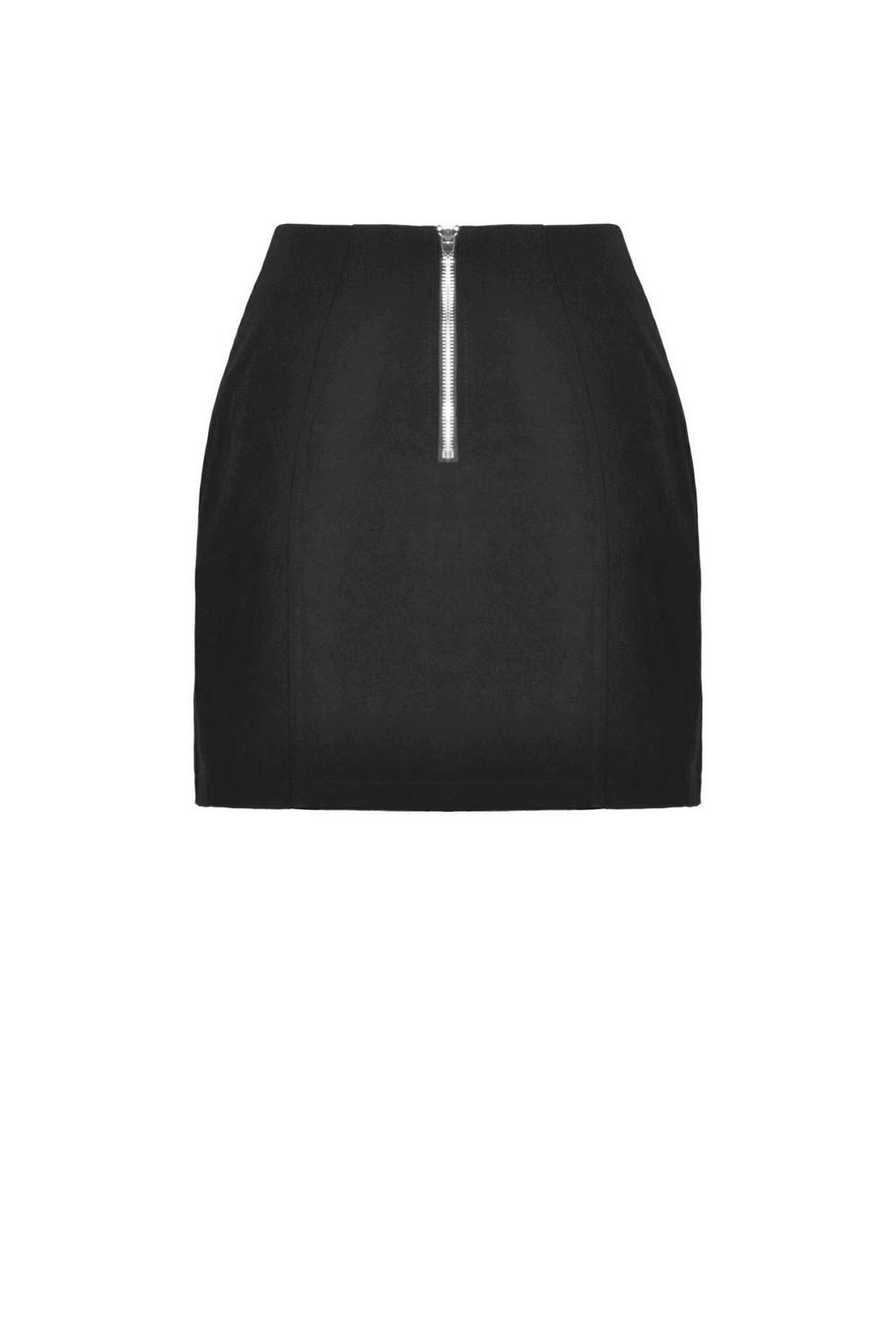 Women's black asymmetrical mini skirt with button straps and zip detail, perfect for edgy outfits.