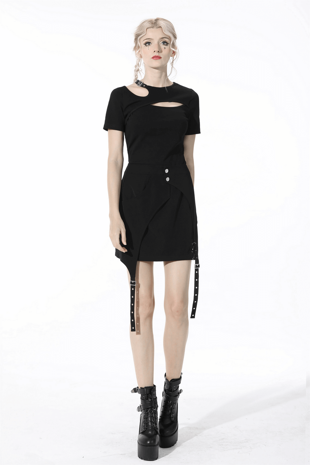 Women's Asymmetrical Mini Skirt with Buttons and Straps