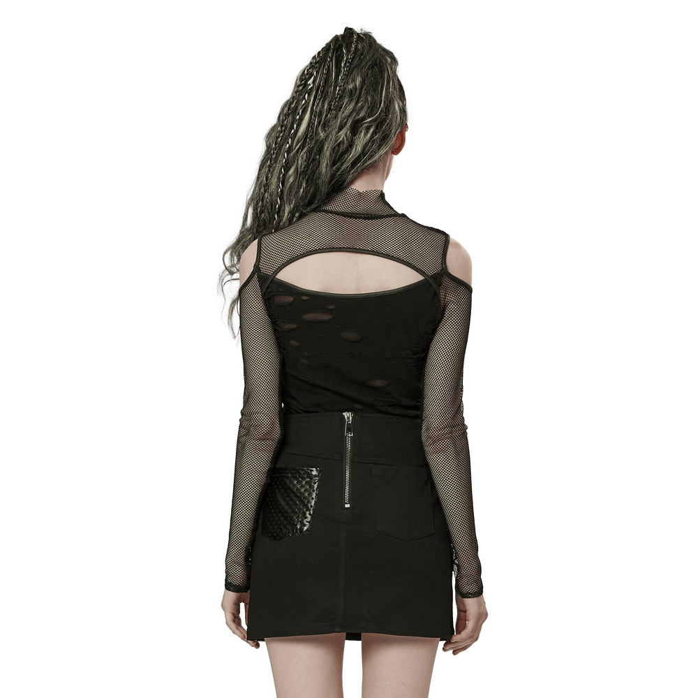 Back view of women's punk mesh layered top with hollow shoulders, showcasing edgy design and asymmetric style.