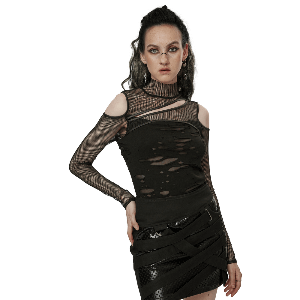 Women's asymmetrical punk mesh top with hollow shoulders for an edgy daily look.