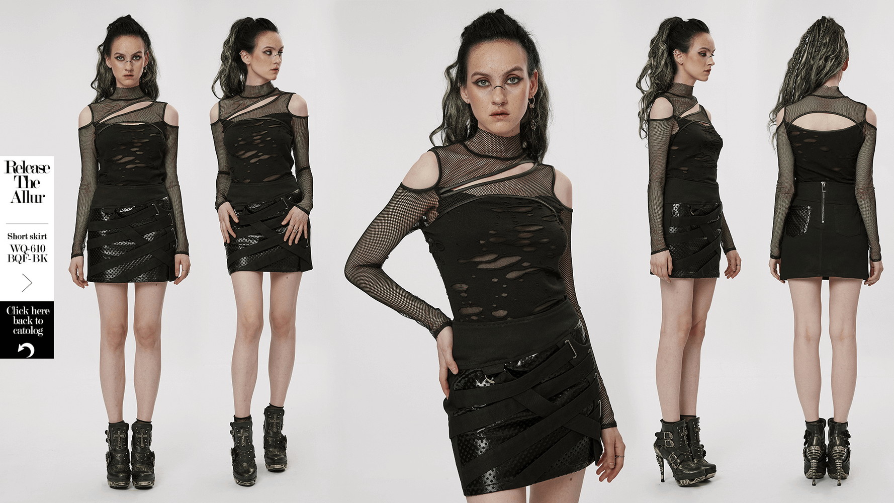 Women's asymmetric punk mesh top with hollow shoulders styled with a chic black skirt, showcasing a daring daily look.