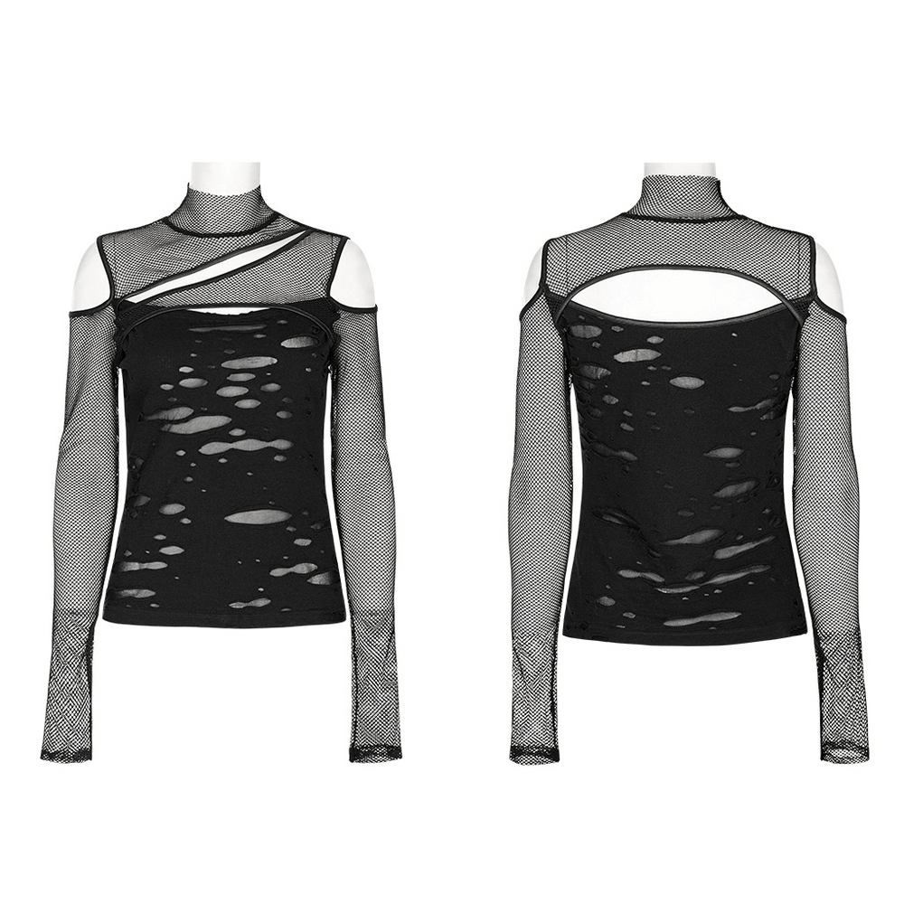 Women's punk mesh top showcasing hollow shoulders and asymmetrical design, perfect for an edgy look.