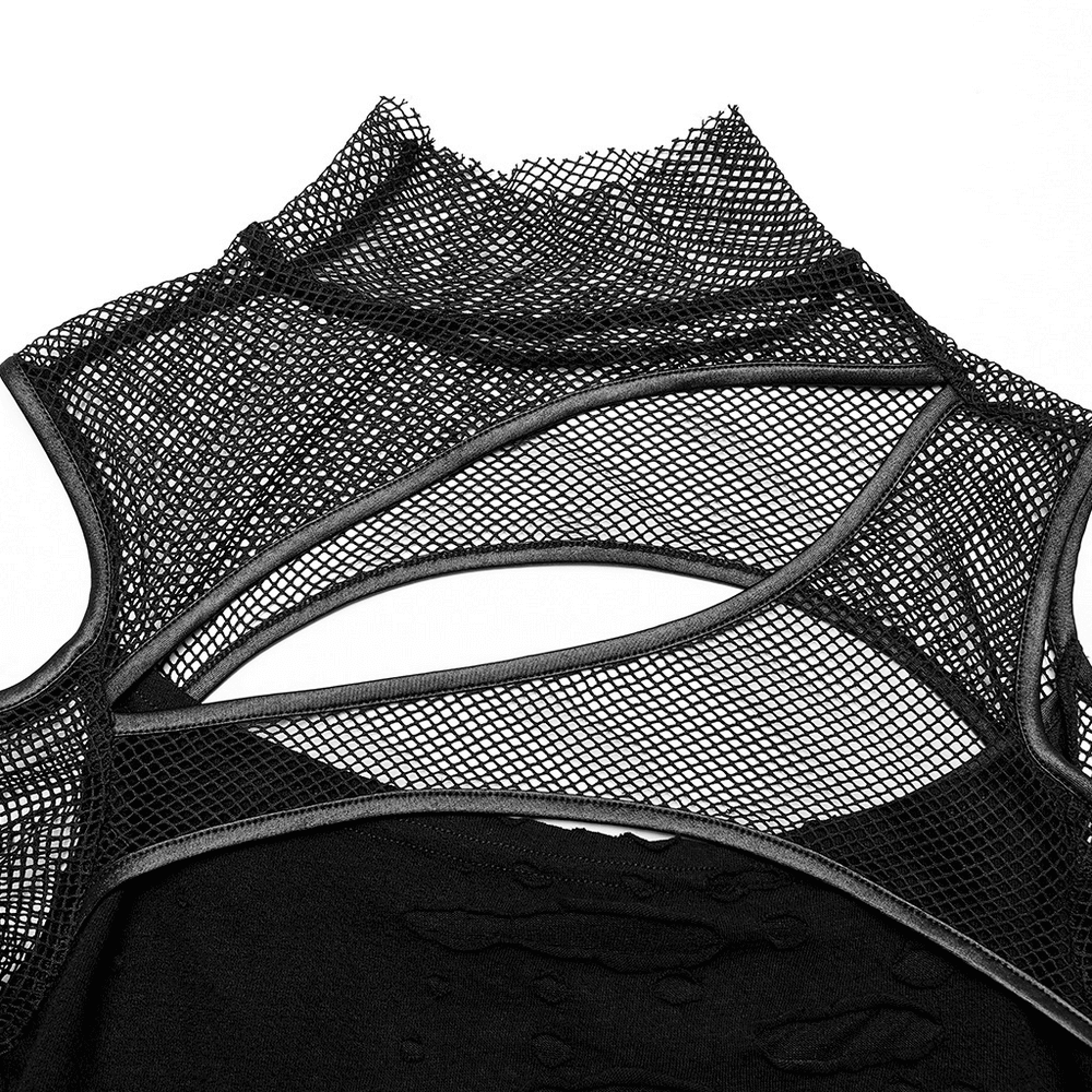 Detail of Women's Punk Mesh Layered Top showcasing high-neck and hollow shoulder design.