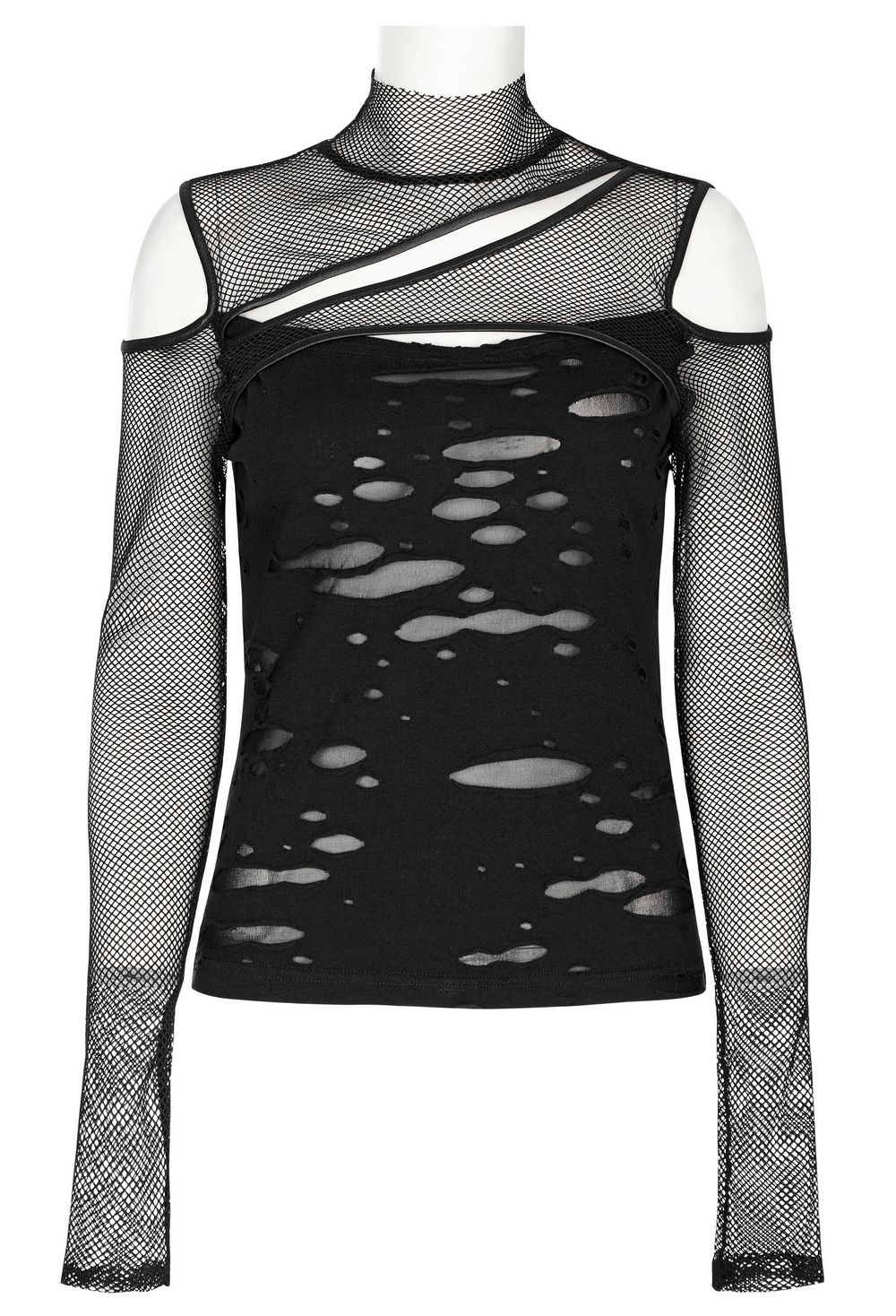 Women's punk mesh top featuring hollow shoulders and asymmetrical design for an edgy style.