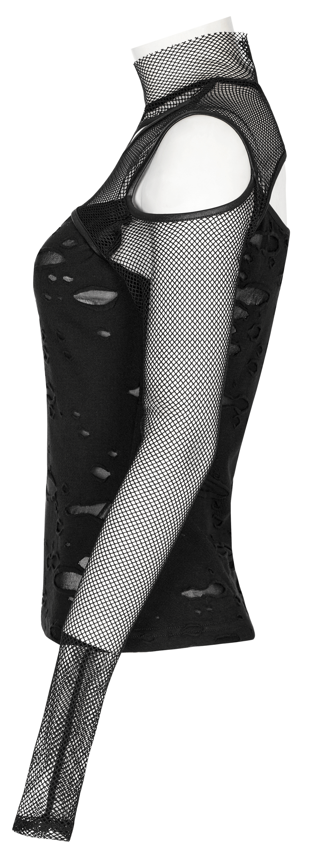 Women's asymmetrical punk mesh top with hollow shoulders and high neck, showcasing edgy style and unique design.