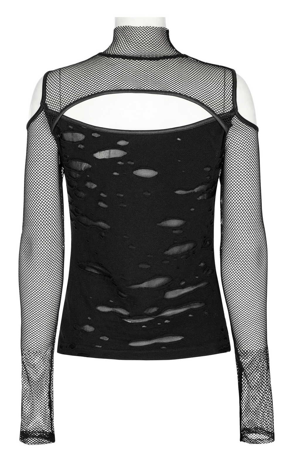 Edgy women's black mesh top with hollow shoulders and asymmetrical design, perfect for punk style enthusiasts.