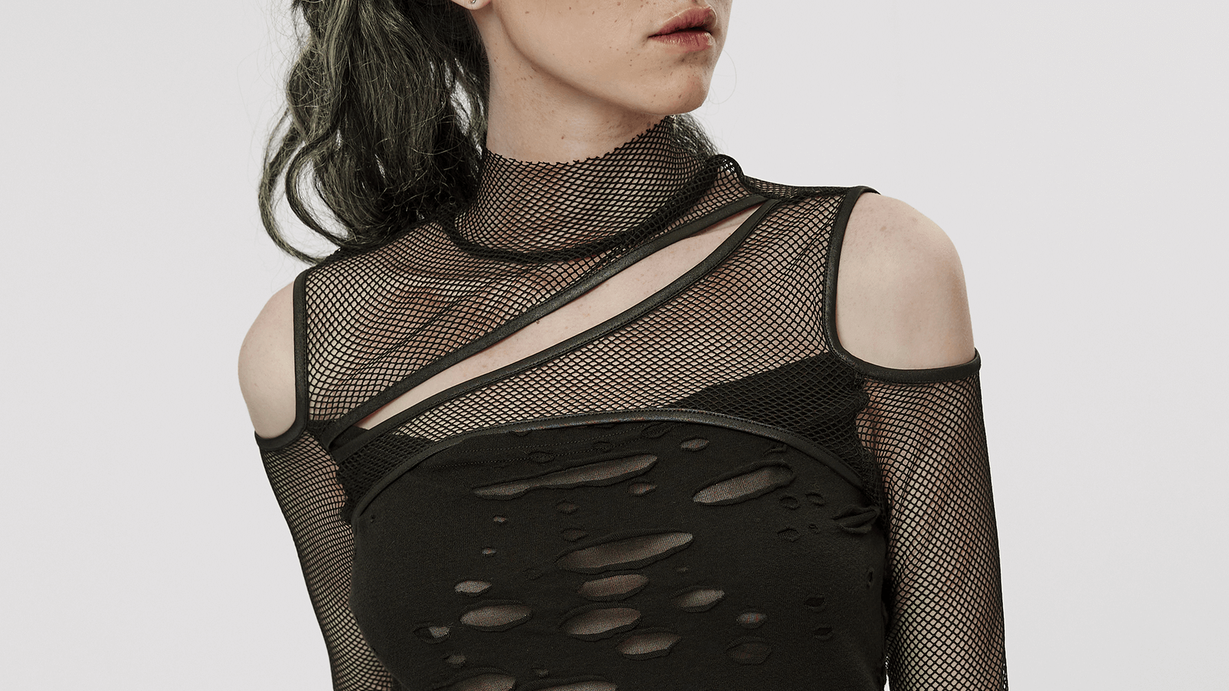 Women's Asymmetrical Punk Mesh Layered Top With Hollow Shoulders - HARD'N'HEAVY