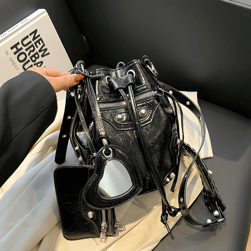 Women's Biker Bucket Bag With Rivets / Fashion Bag With Mirror Purse - HARD'N'HEAVY