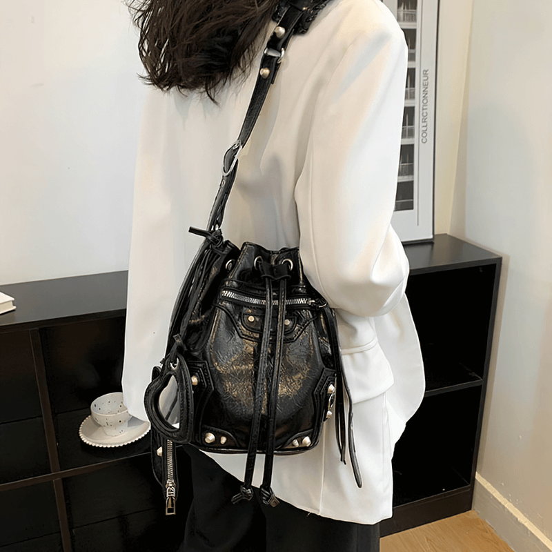 Women's Biker Bucket Bag With Rivets / Fashion Bag With Mirror Purse - HARD'N'HEAVY