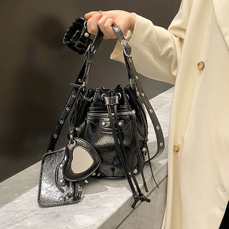Women's Biker Bucket Bag With Rivets / Fashion Bag With Mirror Purse - HARD'N'HEAVY