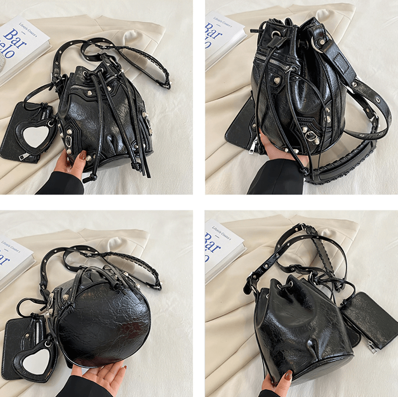 Women's Biker Bucket Bag With Rivets / Fashion Bag With Mirror Purse - HARD'N'HEAVY