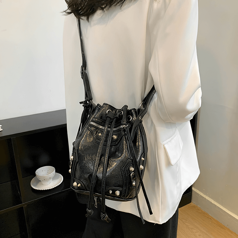 Women's Biker Bucket Bag With Rivets / Fashion Bag With Mirror Purse - HARD'N'HEAVY