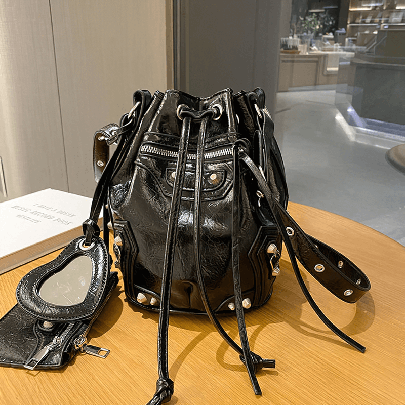 Women's Biker Bucket Bag With Rivets / Fashion Bag With Mirror Purse - HARD'N'HEAVY