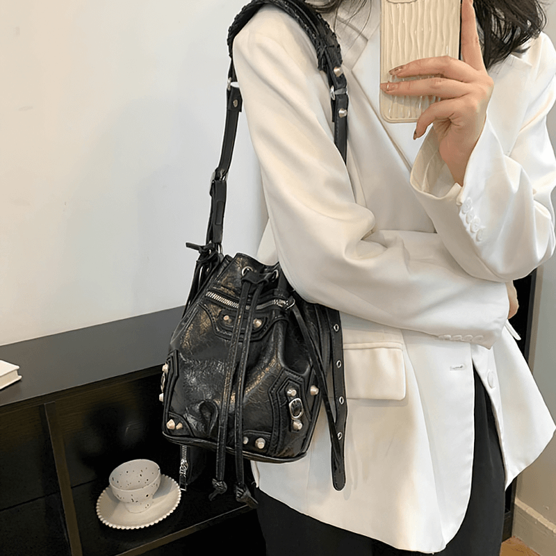 Women's Biker Bucket Bag With Rivets / Fashion Bag With Mirror Purse - HARD'N'HEAVY