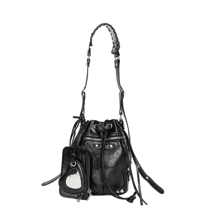 Women's Biker Bucket Bag With Rivets / Fashion Bag With Mirror Purse - HARD'N'HEAVY
