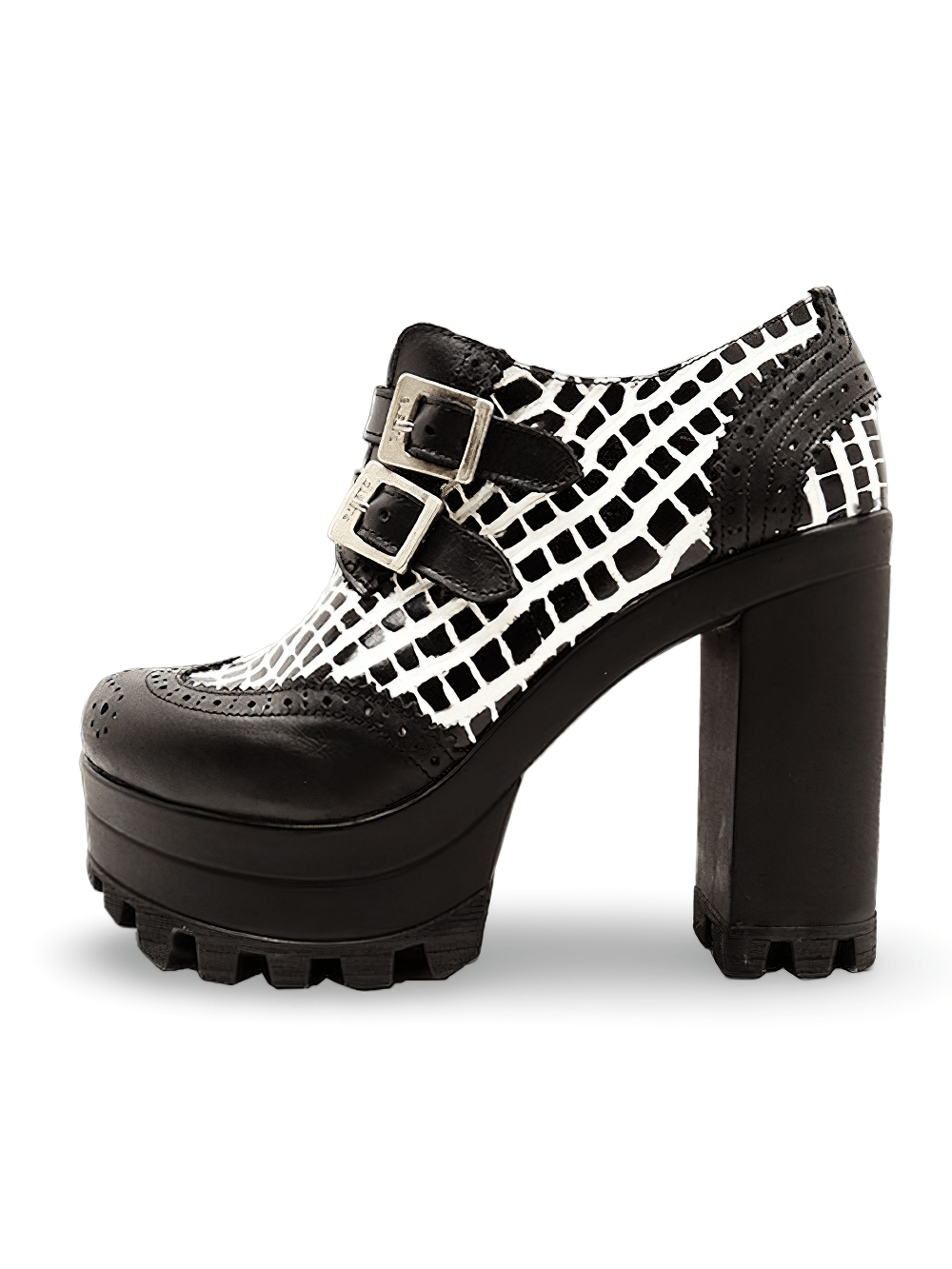 Women's Black and White Leather Platform Heeled Shoes