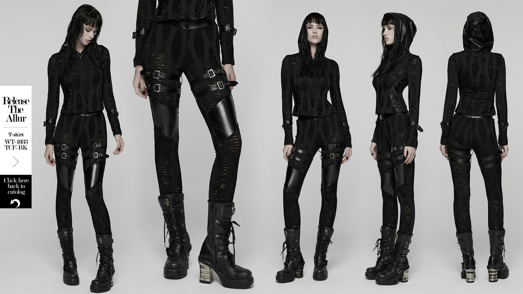 Women's Black Buckled Leggings with Textured Design worn in multiple poses showcasing stylish features and detail.