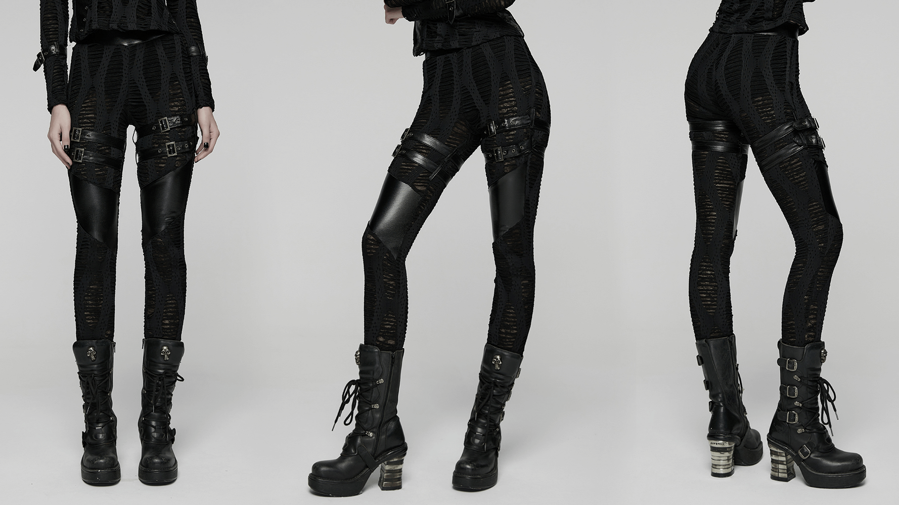 Women's Black Buckled Leggings with Textured Design showcased from multiple angles.