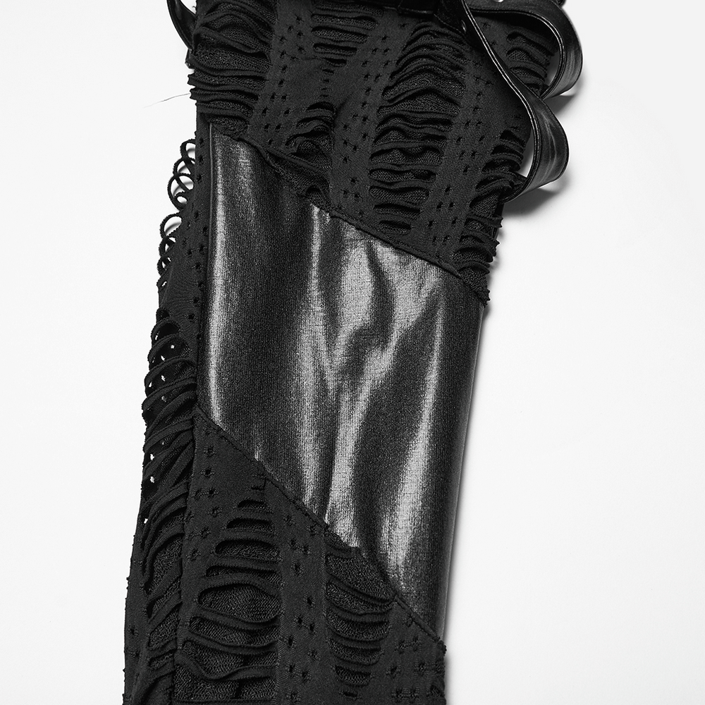 Women's Black Buckled Leggings with Textured Design showing detailed fabric and design features.