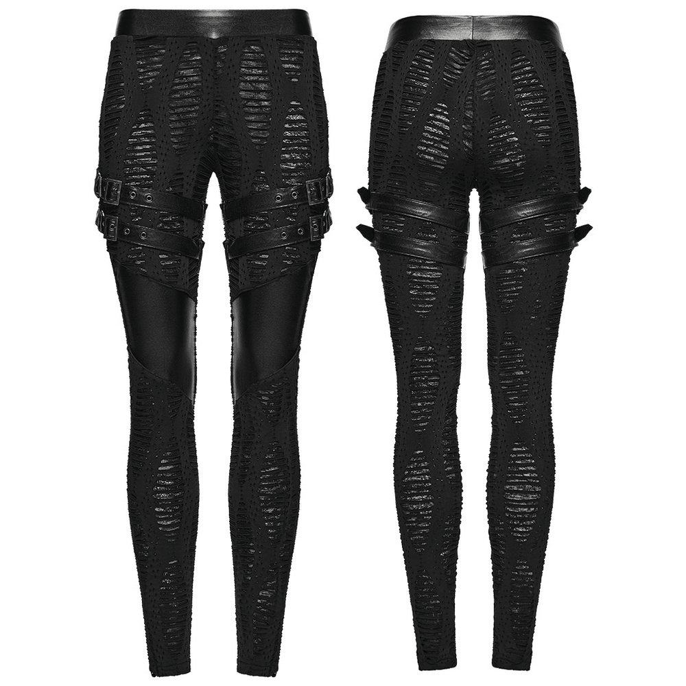 Women's Black Buckled Leggings with Textured Design showcasing stylish texture and buckle details.