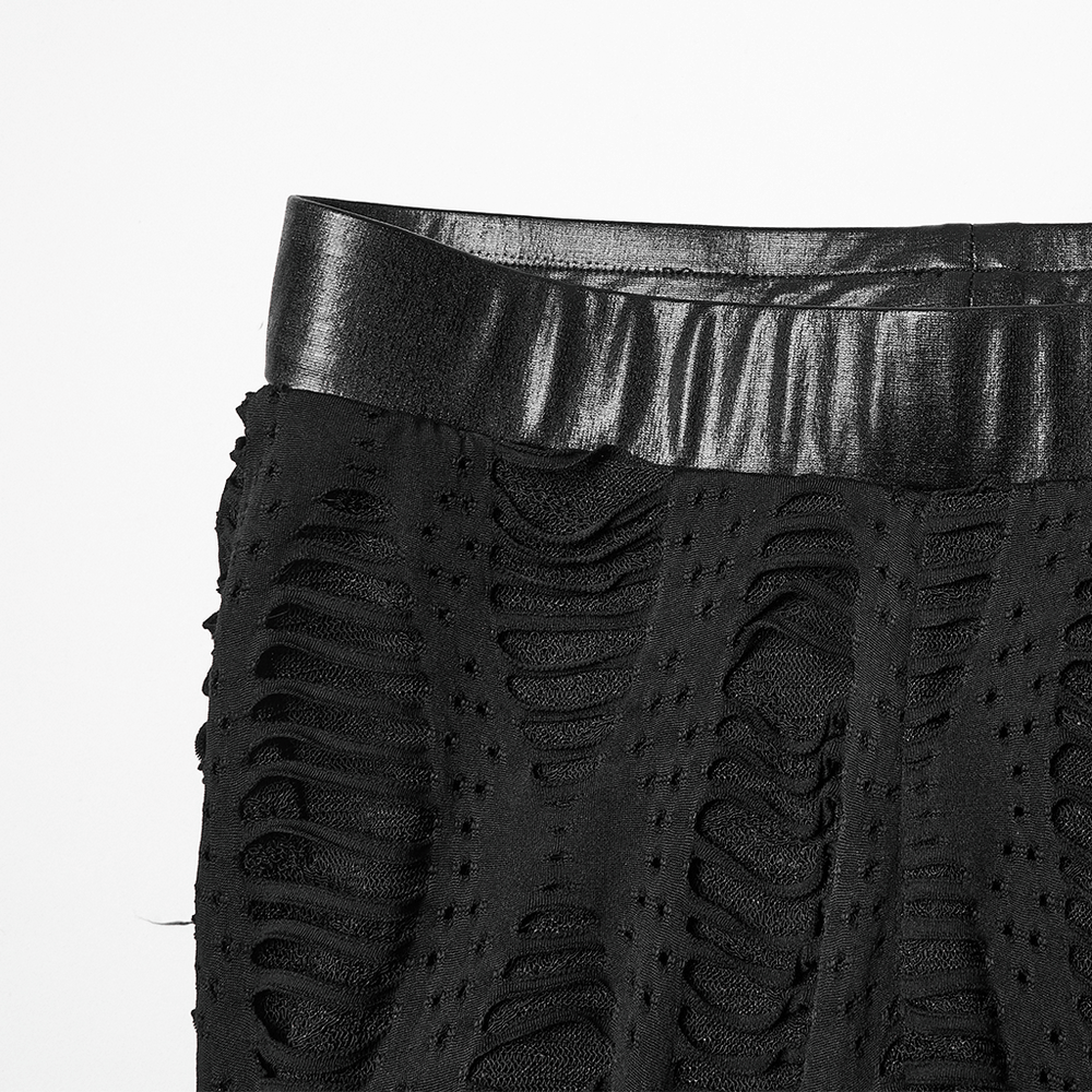 Women's Black Buckled Leggings with Textured Design close-up showcasing the unique texture and shiny waistband.