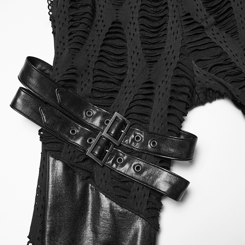 Women's Black Buckled Leggings with Textured Design featuring stylish double buckles and a unique textured fabric.