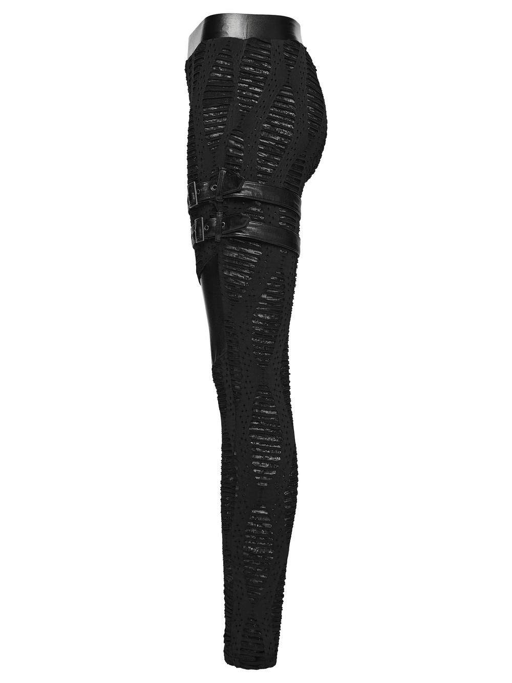 Women's Black Buckled Leggings with Textured Design side view showcasing unique texture and stylish buckle details.