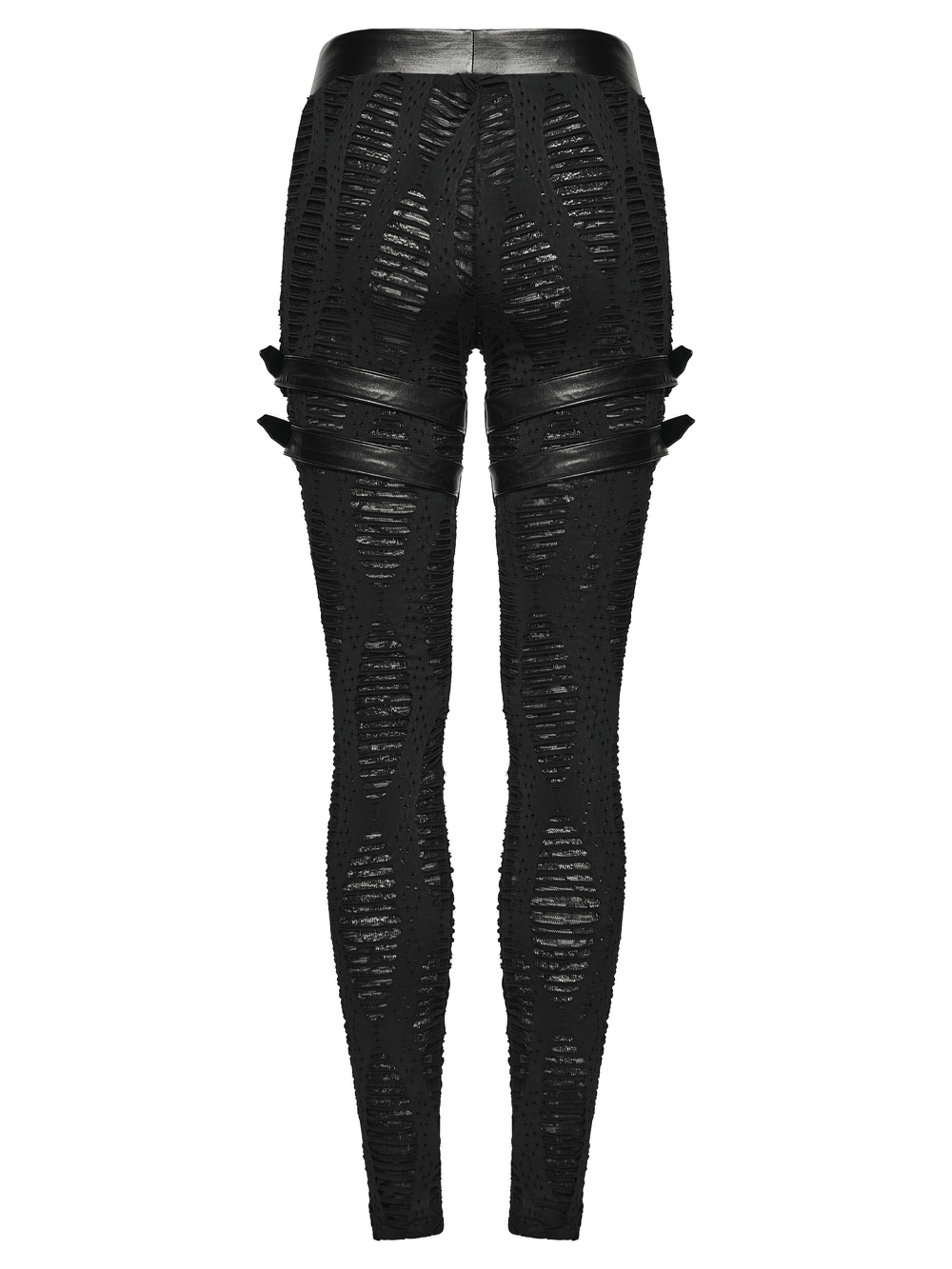 Women's Black Buckled Leggings with Textured Design showcasing a stylish and edgy back view.