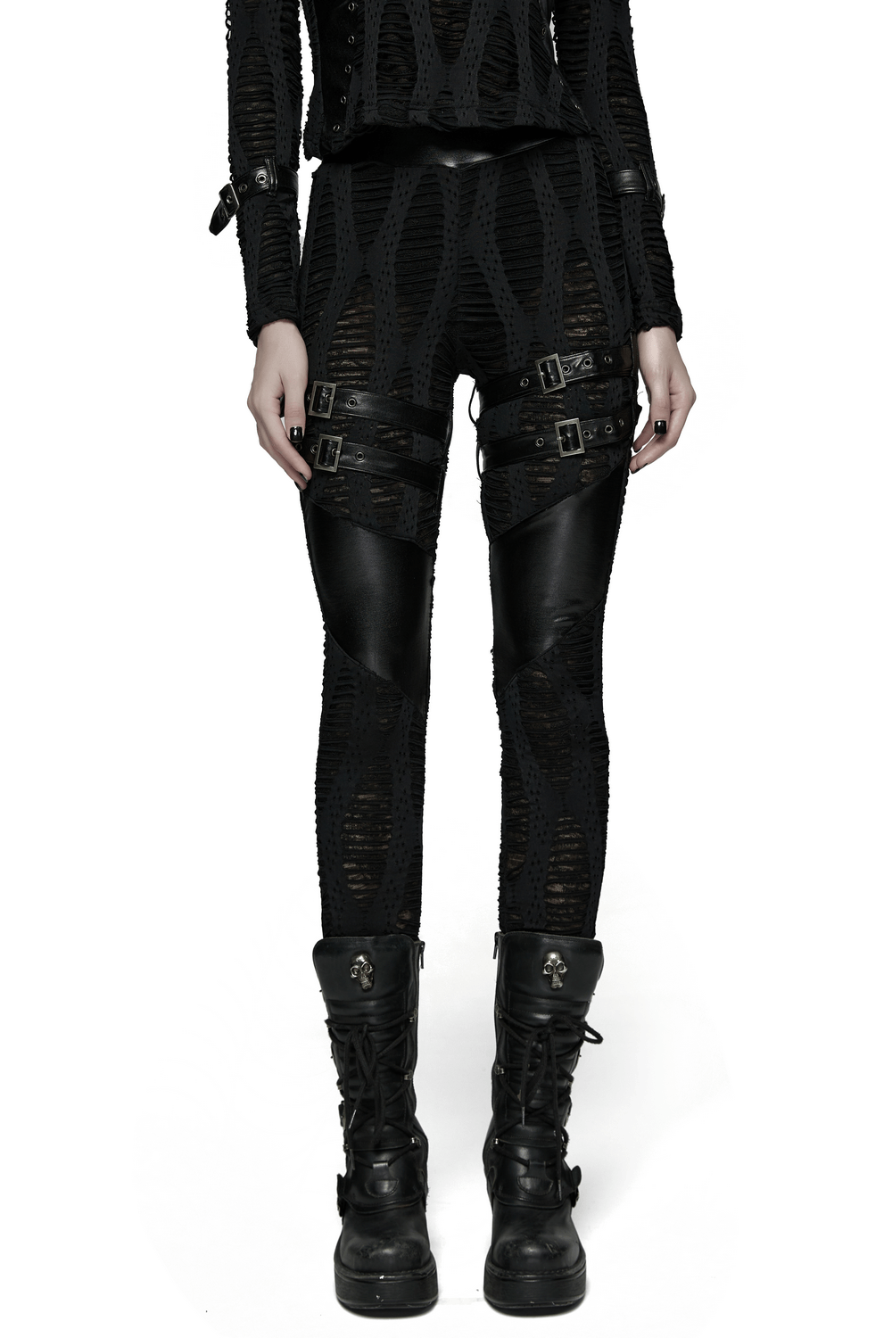 Women's Black Buckled Leggings with Textured Design showcased on a model, stylish and edgy look.