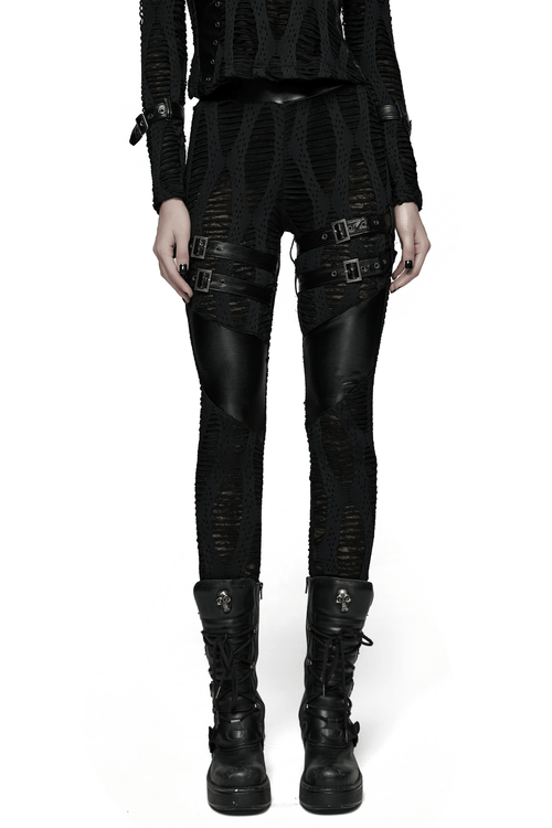 Women's Black Buckled Leggings with Textured Design