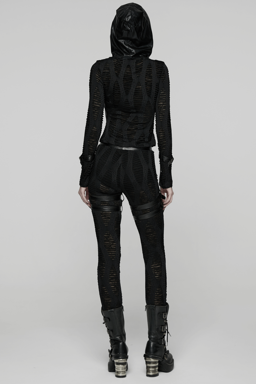 Women's Black Buckled Leggings with Textured Design displayed from the back, showcasing stylish texture and buckles.