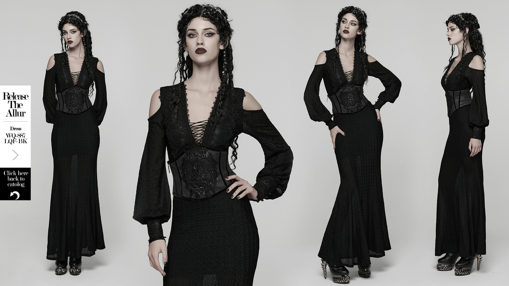 Women's Black Corset Belt with Embroidered Appliques worn over a gothic dress, showcasing a stylish and bold look.