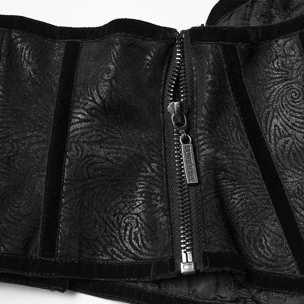 Women's Black Corset Belt with Embroidered Appliques featuring an embossed texture and side zipper detail.