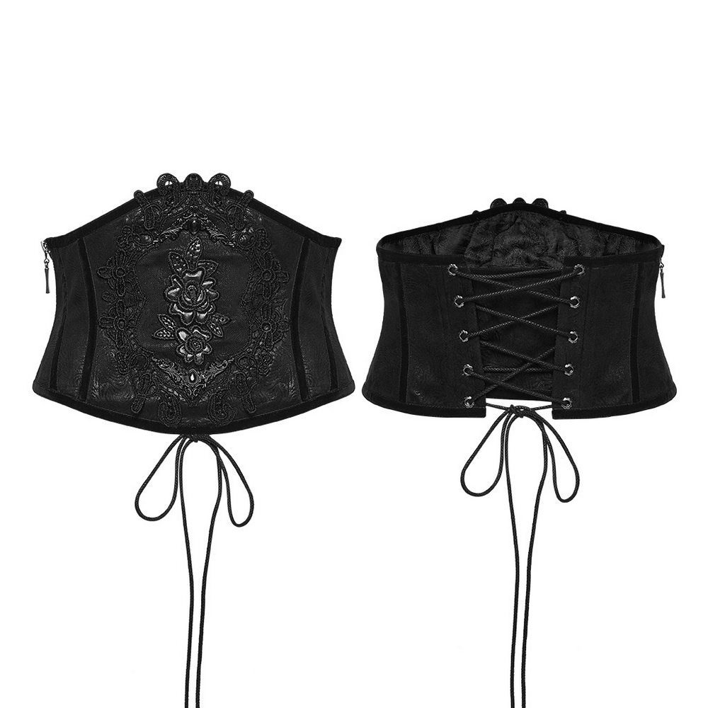 Women's Black Corset Belt with Embroidered Appliques showcasing intricate embroidery and unique design features.
