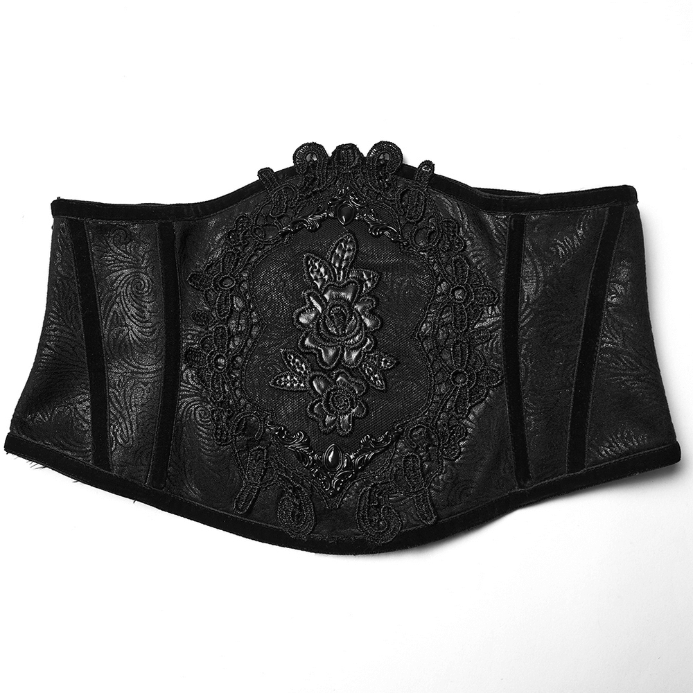 Women's Black Corset Belt with Embroidered Appliques featuring embossed leather and floral appliqués.