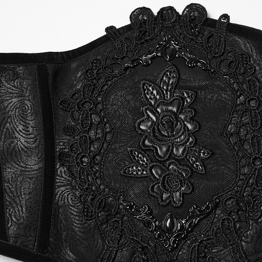 Women's Black Corset Belt with Embroidered Appliques featuring intricate floral designs and embossed texture.