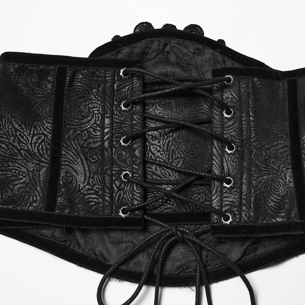 Women's Black Corset Belt with Embroidered Appliques showcasing detailed embossed leather design.