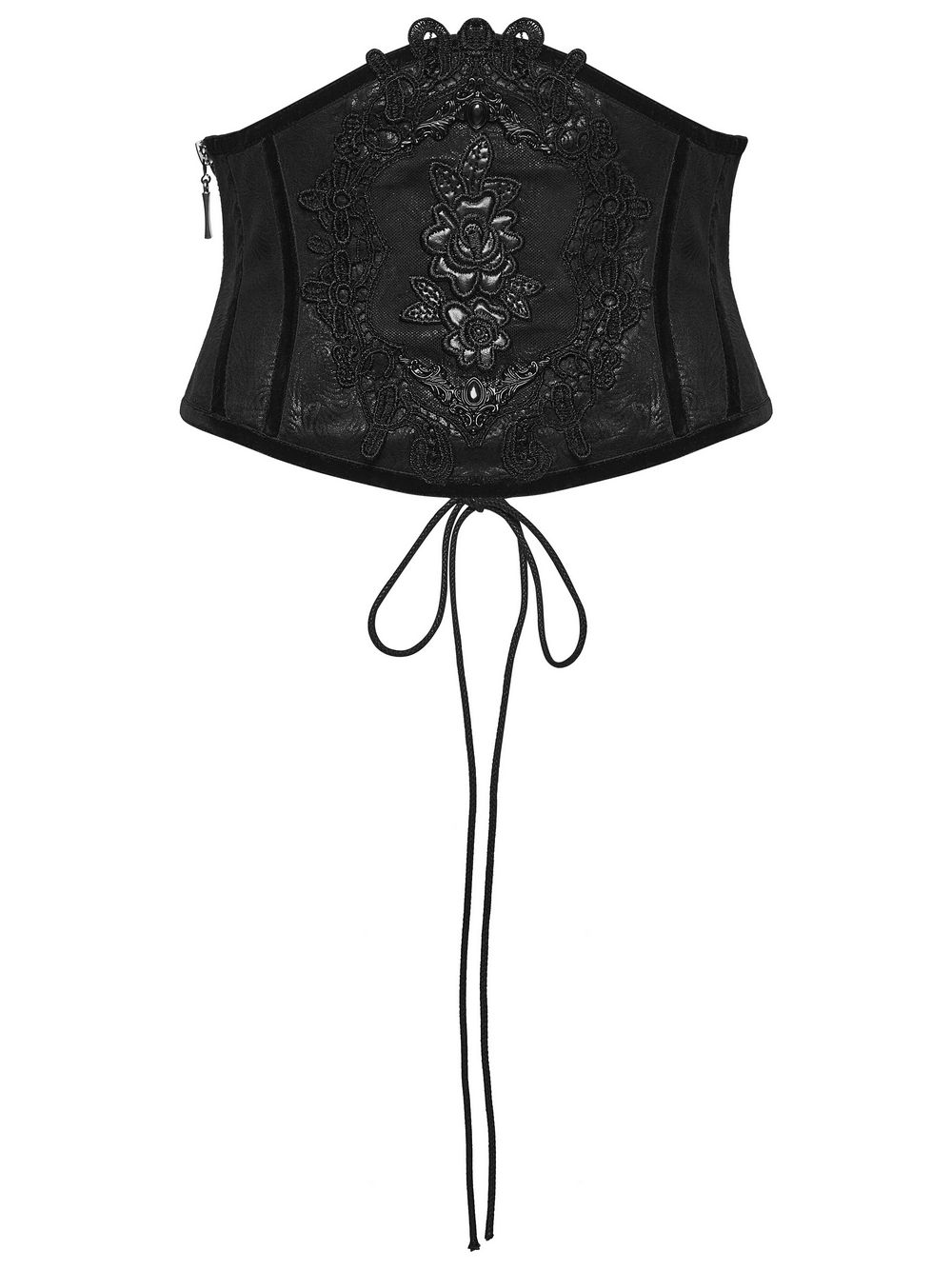 Women's Black Corset Belt with Embroidered Appliques featuring embossed leather and stunning hand-embroidered details.