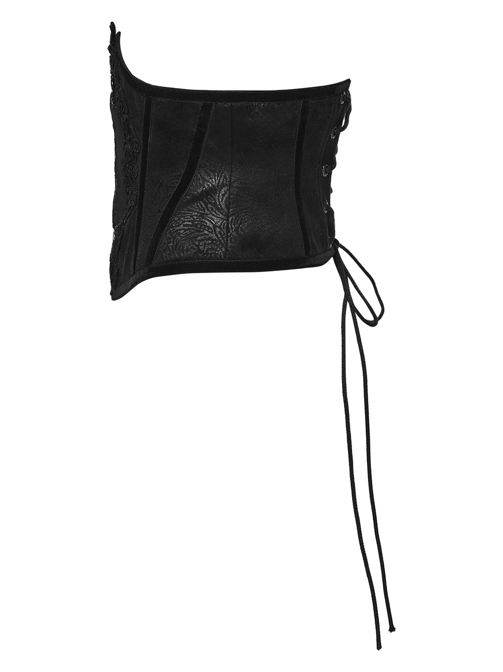Women's Black Corset Belt with Embroidered Appliques featuring embossed texture and lace-up detail.