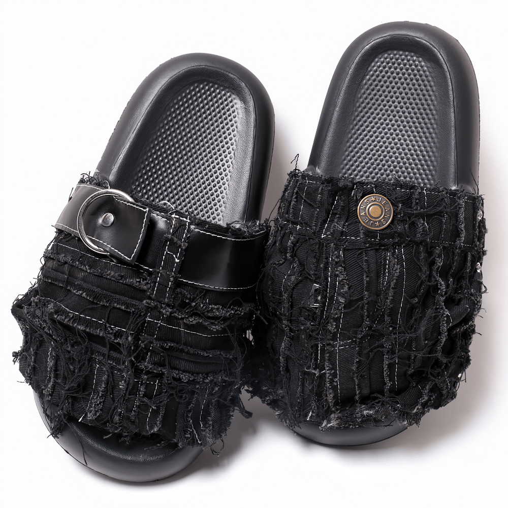 Women's Black Distressed Denim Slides with Side Rivets, frayed punk slip-on sandals with ring accent and textured footbeds