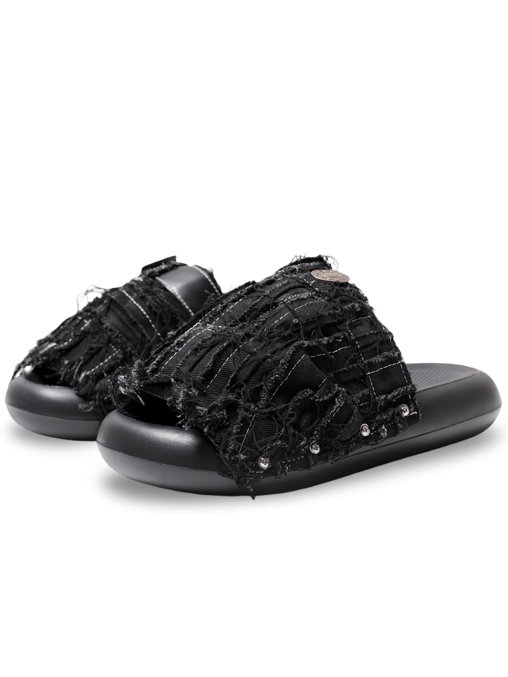 Women's Black Distressed Denim Slides with Side Rivets frayed punk slip-on sandals with ring accent and black sole