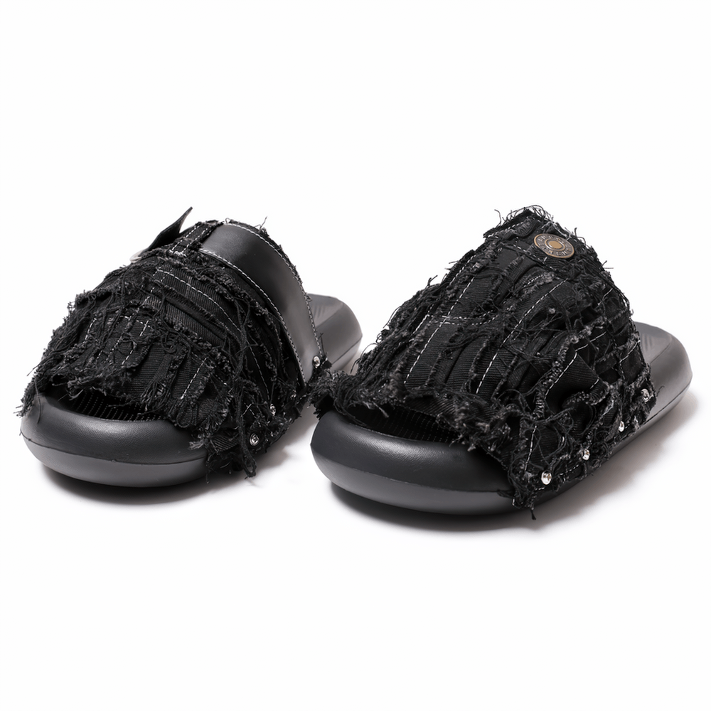 Women's Black Distressed Denim Slides with Side Rivets grunge slip-on sandals with ring accent