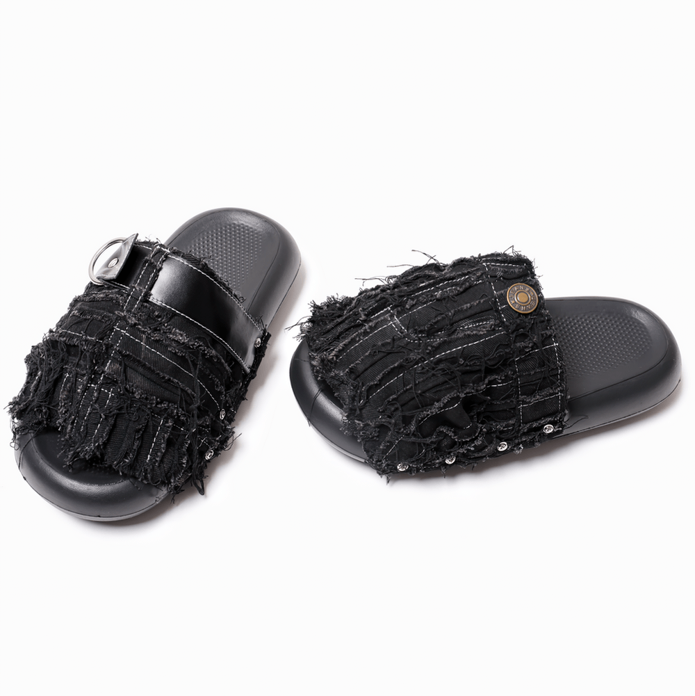 Women's Black Distressed Denim Slides with Side Rivets: frayed punk slip-on sandals with ring accent