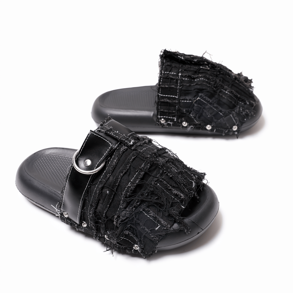Women's Black Distressed Denim Slides with Side Rivets, frayed punk slip-on sandals with ring accent and black sole