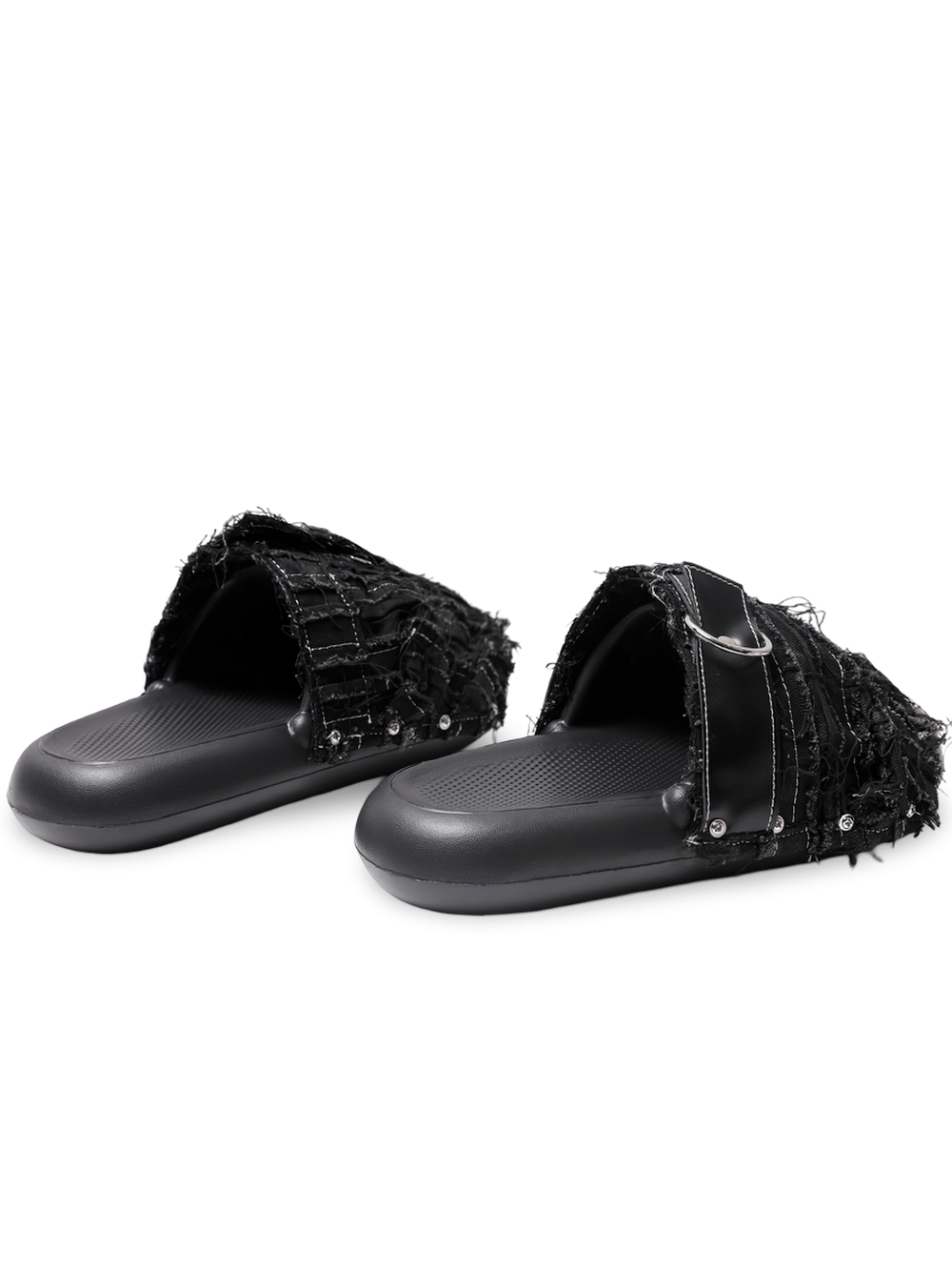 Women's Black Distressed Denim Slides with Side Rivets punk frayed slip-on sandals with ring accent