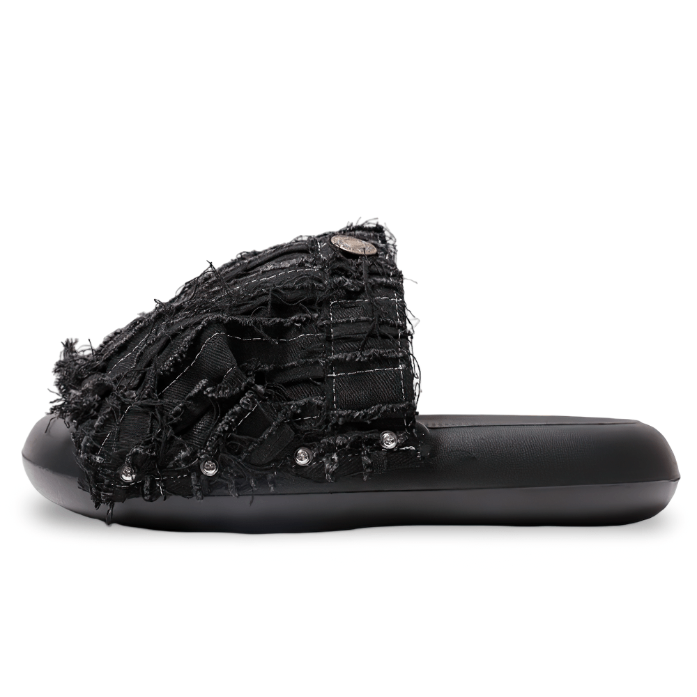 Women's Black Distressed Denim Slides with Side Rivets, grunge slip-on sandal with frayed denim and metal ring