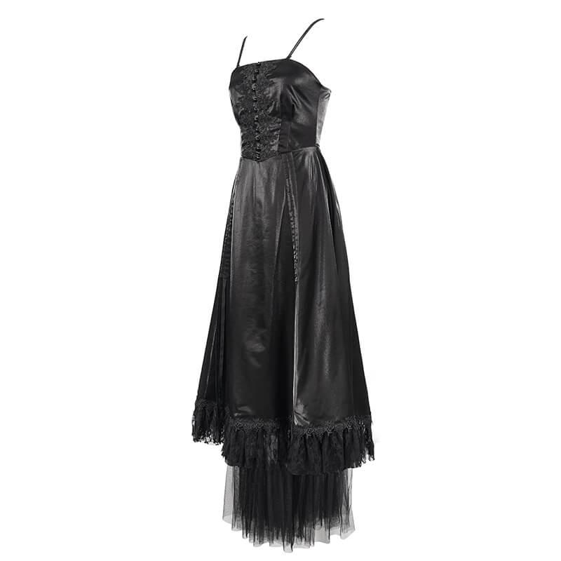 Women's Black Drawstring Lace Splice Slip Dress / Long Dress with Straps in Gothic Style - HARD'N'HEAVY